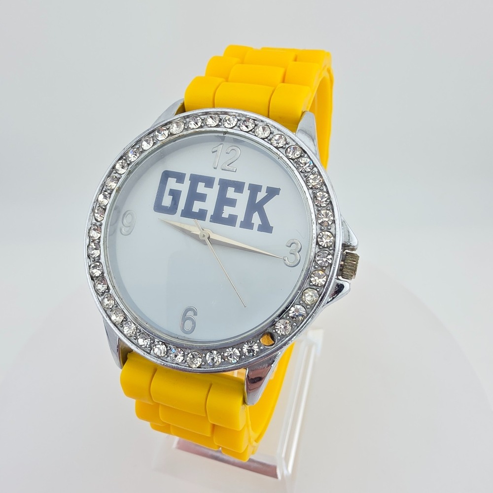 Modern GEEK Watch Crystal Bezel Yellow Silicone Band Unisex Stainless Steel 8"